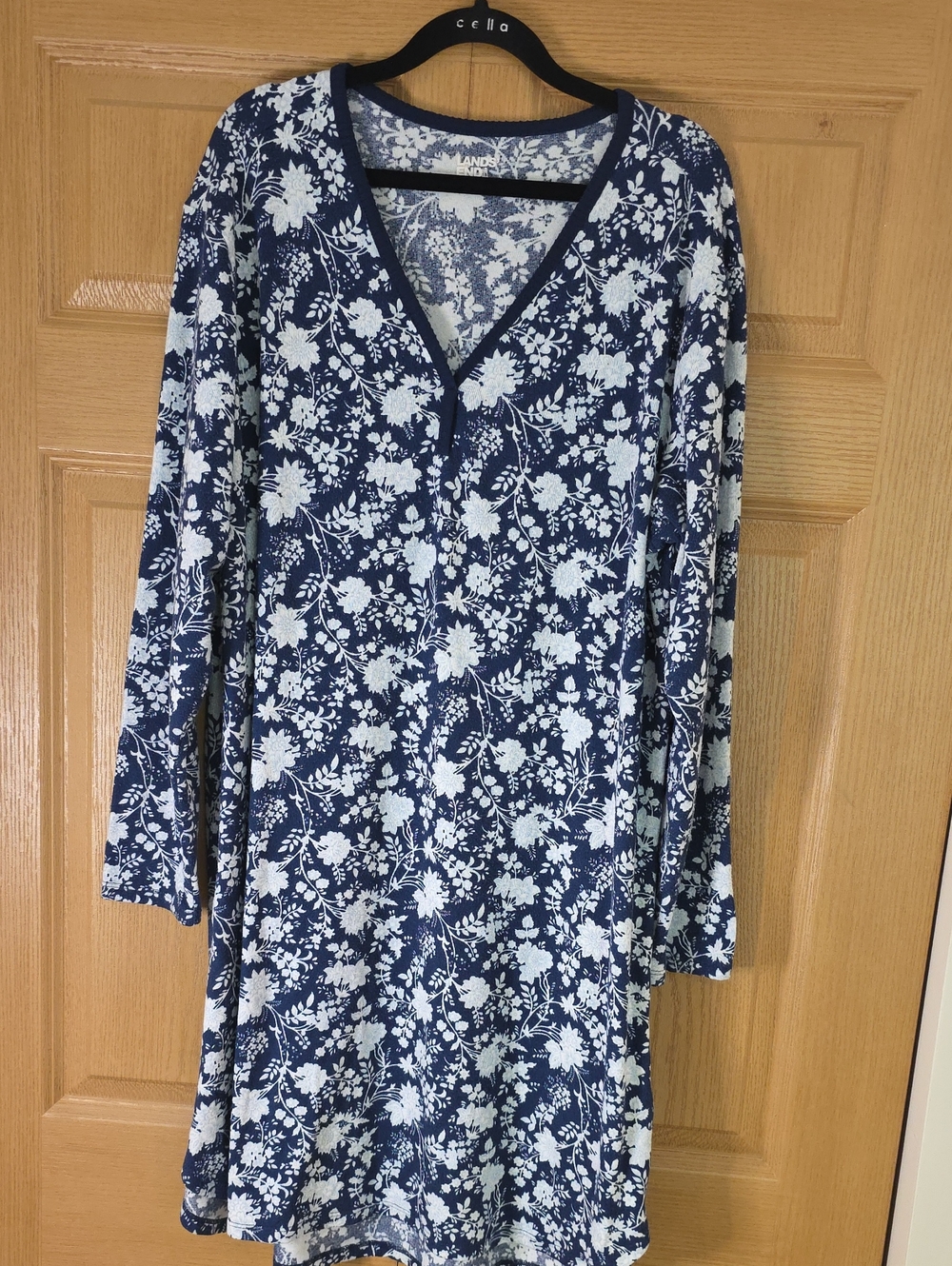 Lands' End Navy White Floral V-Neck Nightshirt XL Long Sleeve Sleepwear